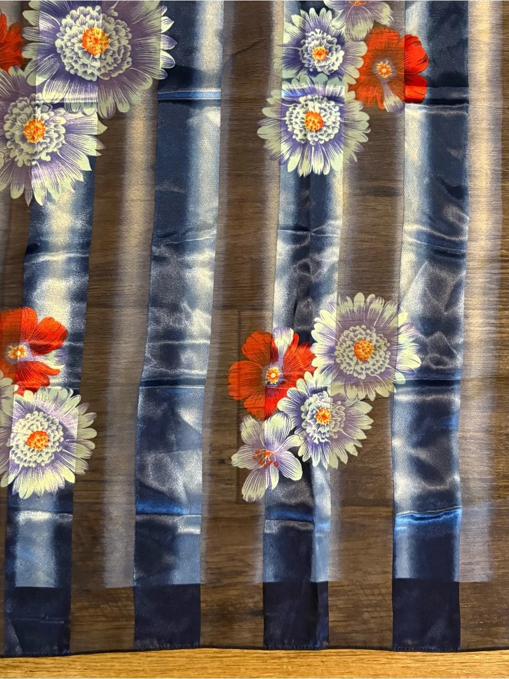 Blue Striped Satin Square Scarf/Wrap with Red Floral Print 39x39